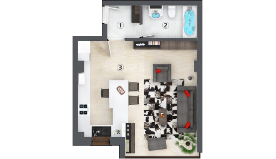 Apartamente cu o cameră tip E - model 3d